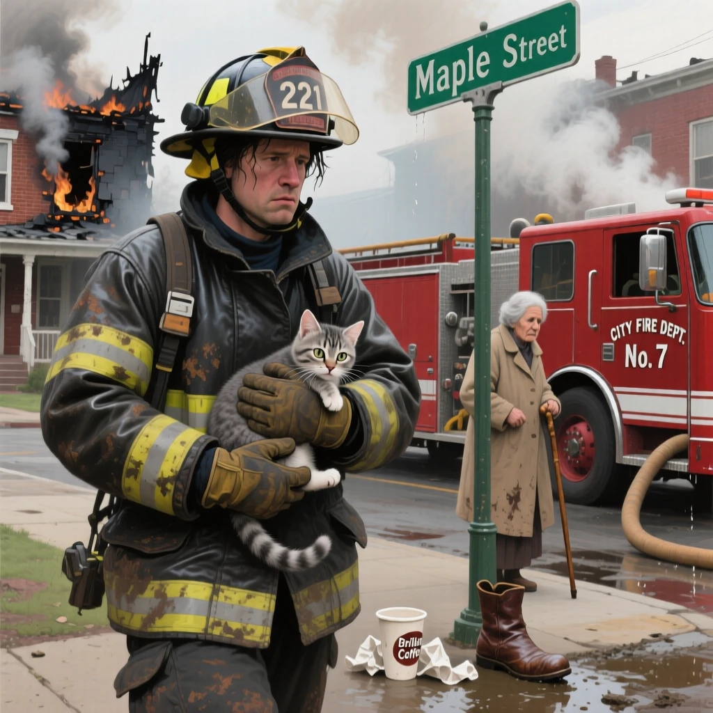 A firefighter carrying a rescued kitten from a smoky building, surrounded by everyday details that ground the moment in reality, radiating authenticity and heartfelt sincerity