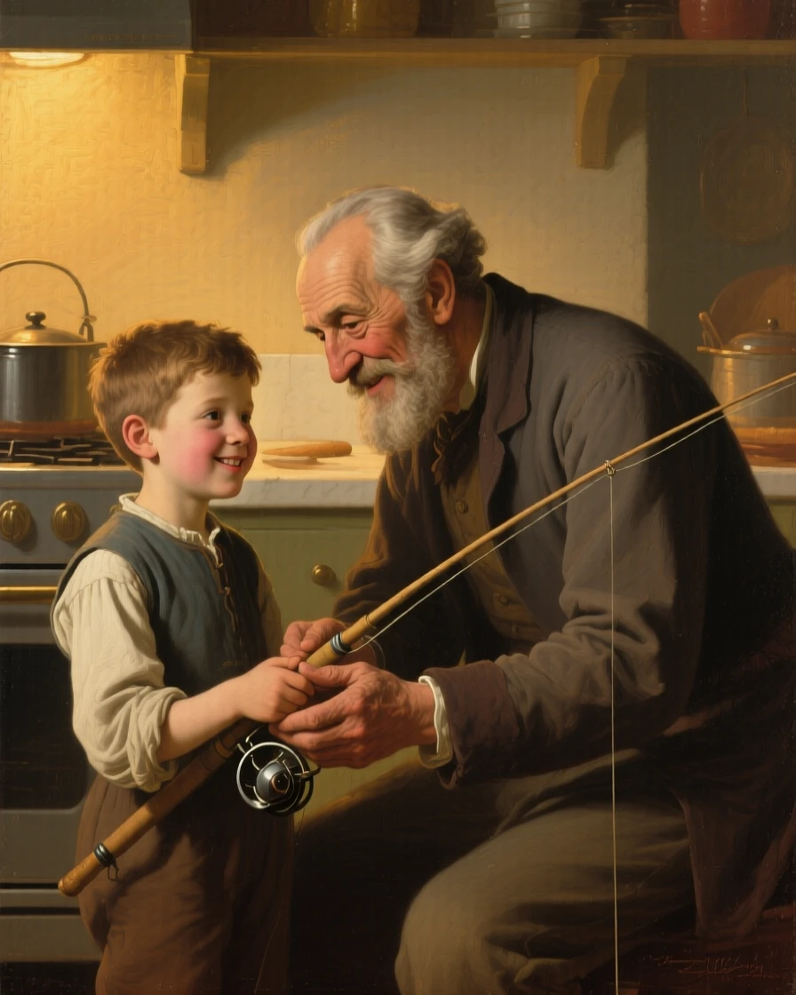 A grandfather teaching his grandson to fish at a quiet pond in a small, tender moment that says everything without words, set within a warmly lit kitchen filled with the smell of baking, with soft golden light catching genuine, unguarded smiles; the composition draws the eye naturally to interlocked hands or shared eye contact, suggesting the enduring bonds between generations.