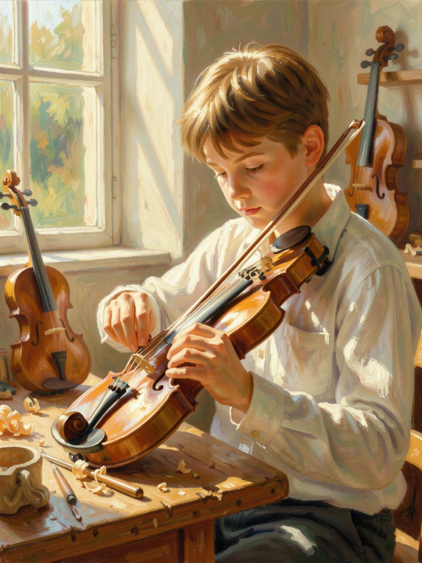 A young violin maker carefully carving the scroll of a new instrument in a sunlit workshop.