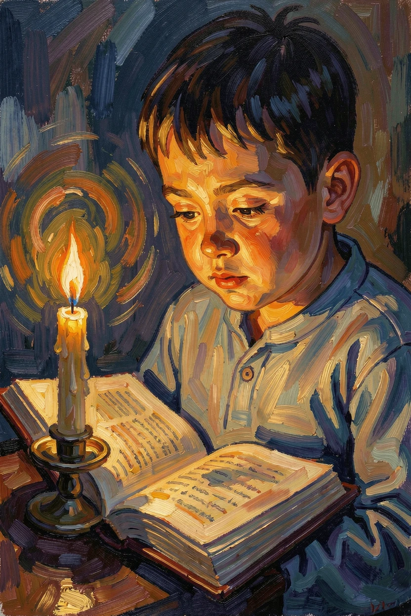 A young boy reading by candlelight, shadows dancing across the pages of his book.