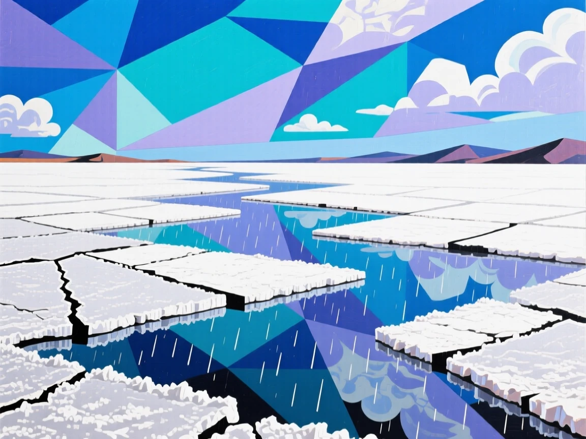 A vast salt flat mirroring the sky perfectly after a light summer rain.