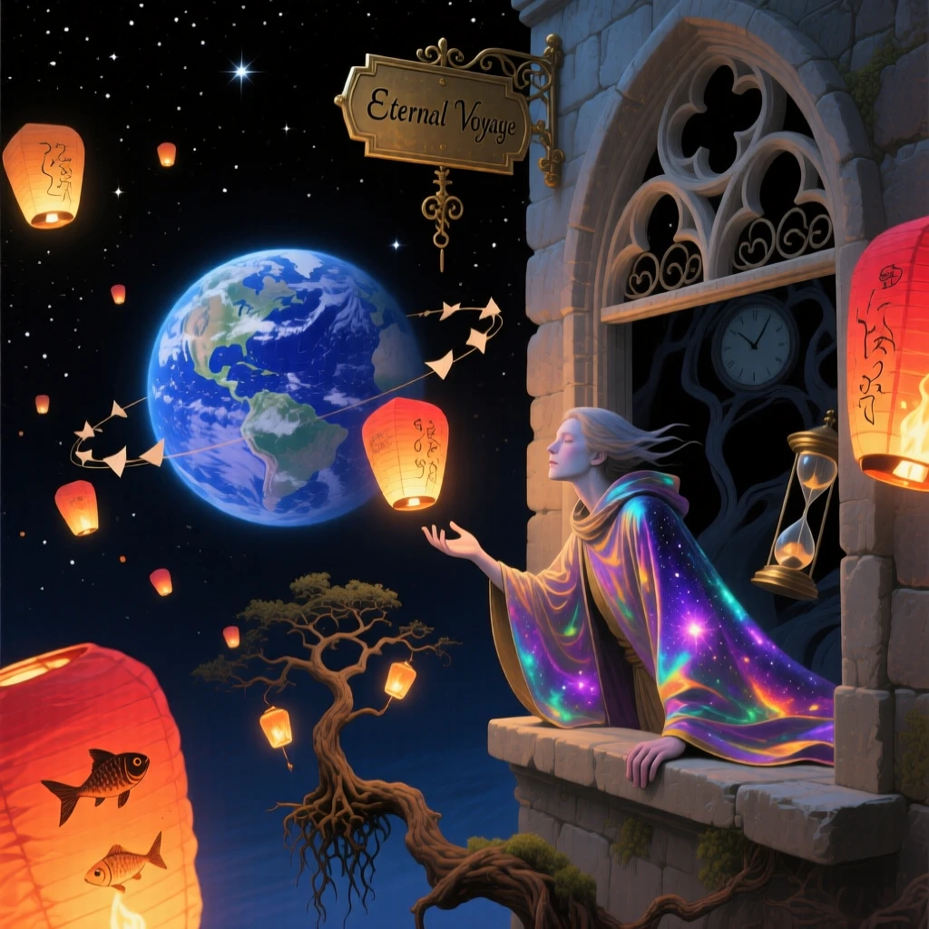 A planet with rings made of drifting paper lanterns spins gently at the center of an infinite dark sky, while a lone traveler watches from an open window.