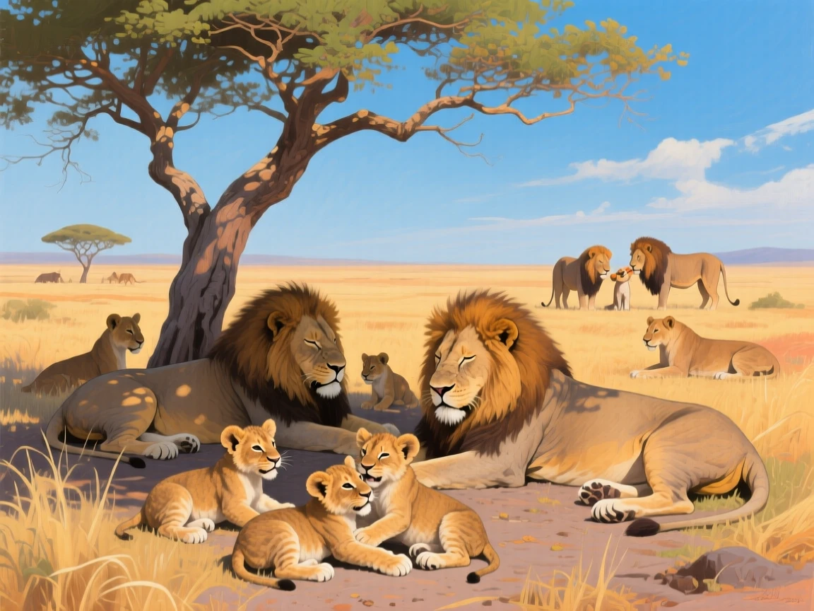 A pride of lions rests together beneath a lone acacia tree on the African plains, cubs playfully wrestling while adults doze in the midday shade, other members of its group visible nearby, reinforcing the social nature of the scene.