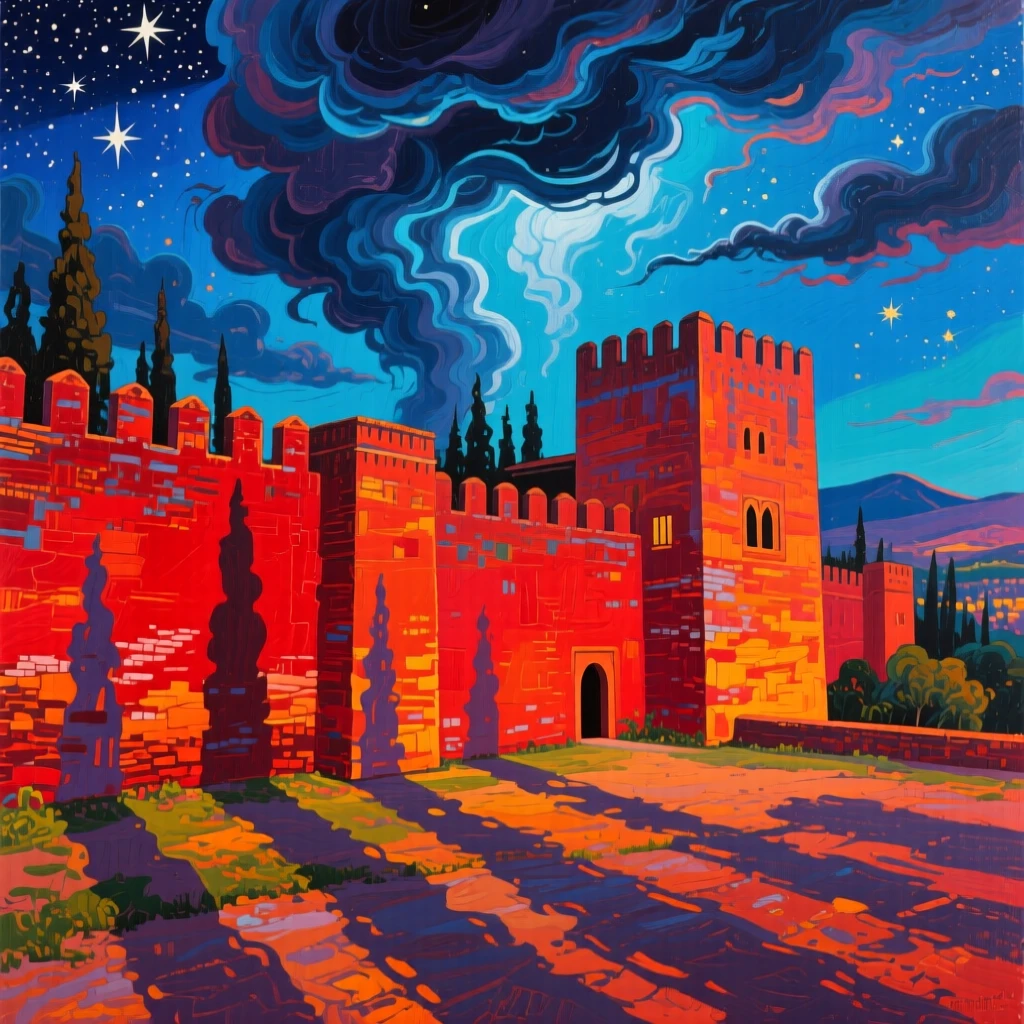 The Alhambra's red walls glowing beneath a starlit sky, as storm clouds gather overhead, long shadows stretching across the ground