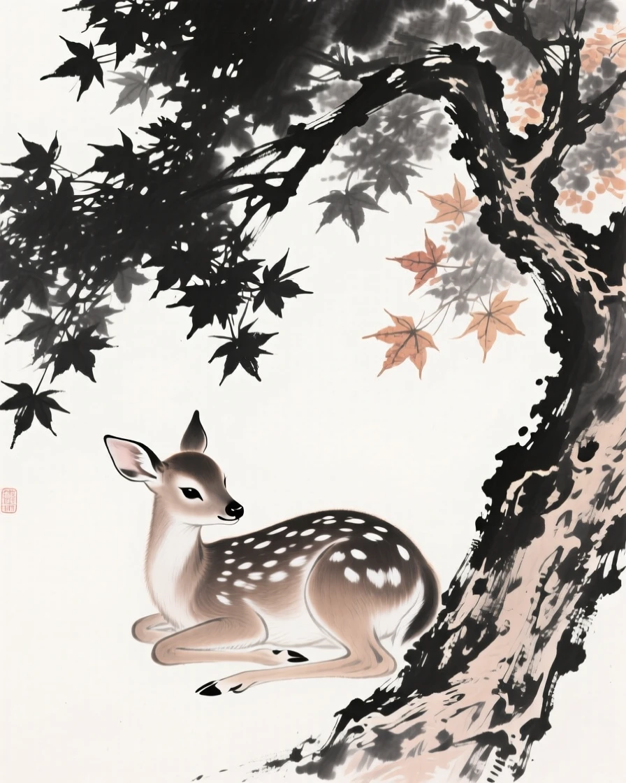A young fawn rests beside its mother beneath a maple tree, beneath dappled light filtering through the canopy.