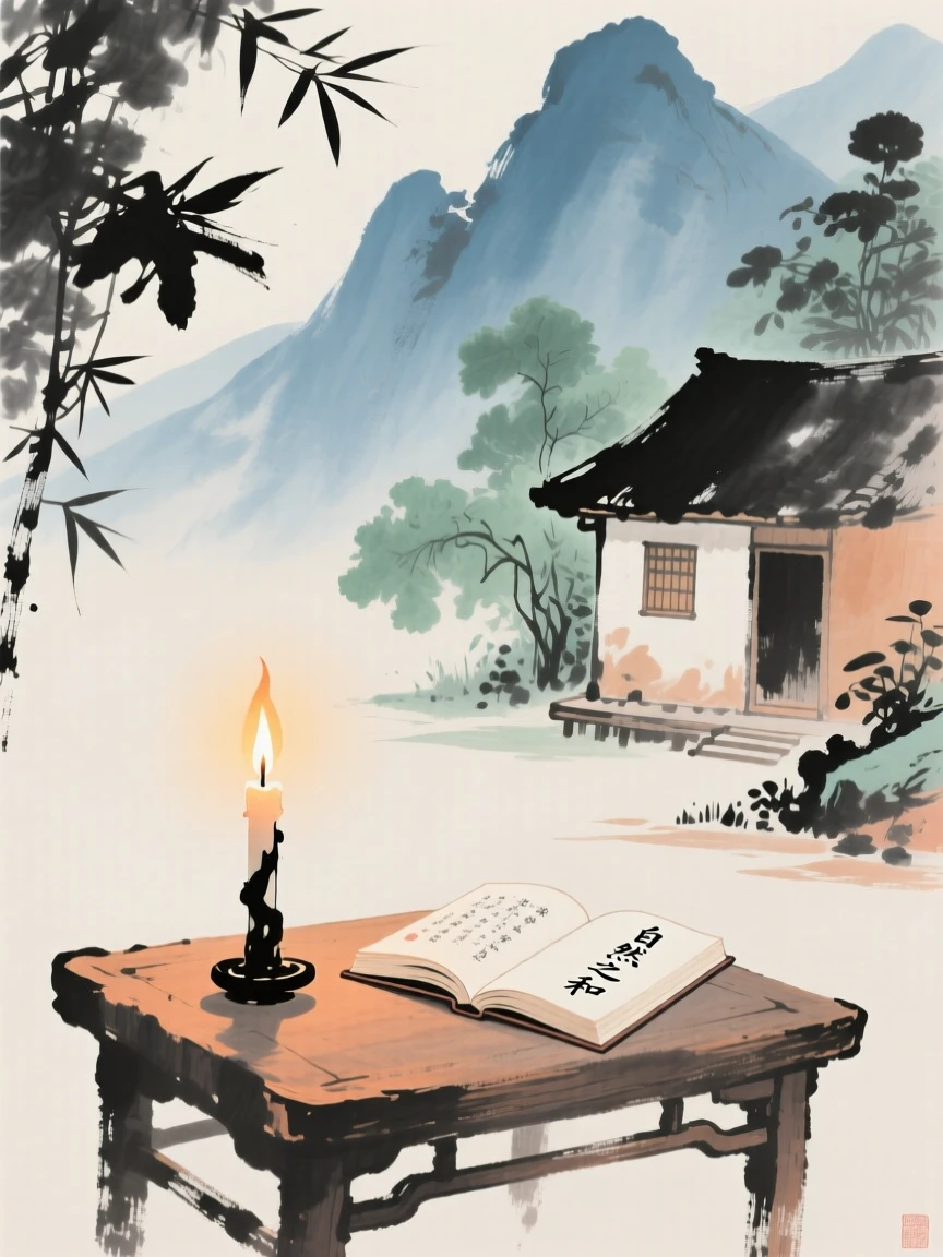 A single candle burning beside an open book in a mountain hut, in the height of summer, conveying a deep sense of harmony with nature.