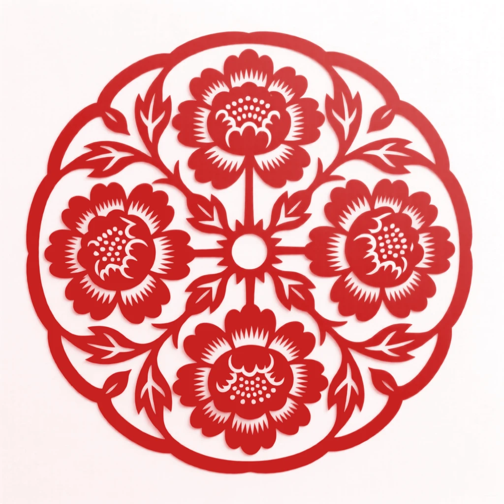 A design of a circular medallion featuring interlocking peony blossoms, radiating outward from a central focal point.