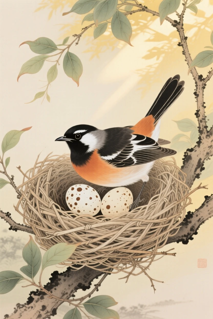 An oriole tucked into a nest of twigs with two speckled eggs, soft morning light filtering through the branches