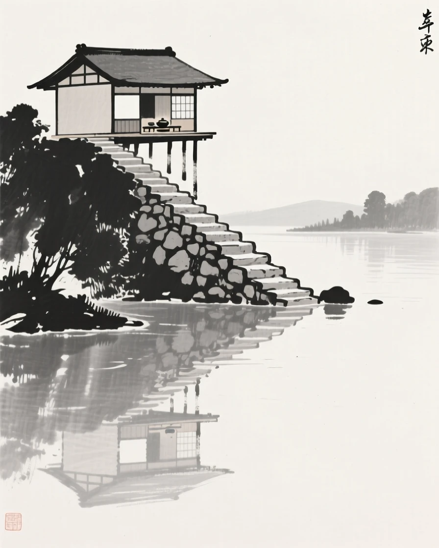 A quiet tea house at the top of a long stone staircase, seen from across still water, reflected on the surface, capturing a serene blend of nature and human presence.