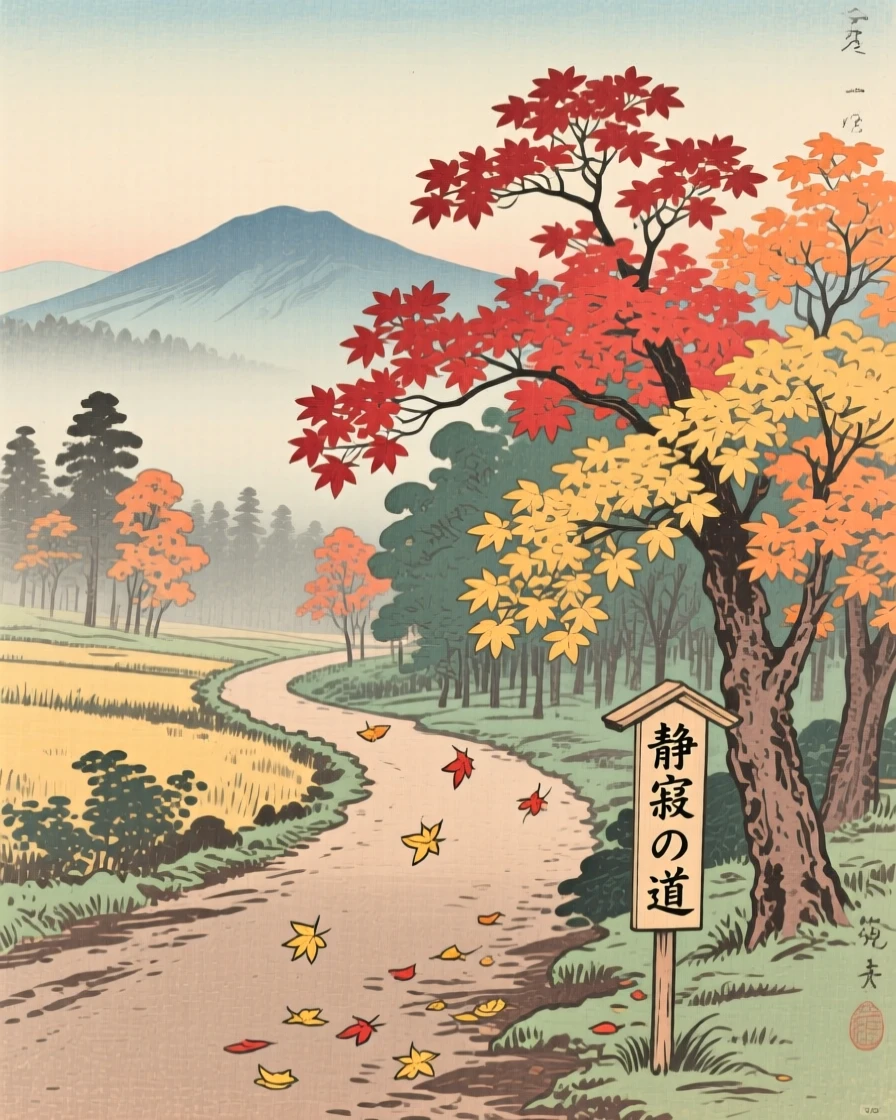 Drifting maple leaves along a quiet path with distant mountains fading into haze.