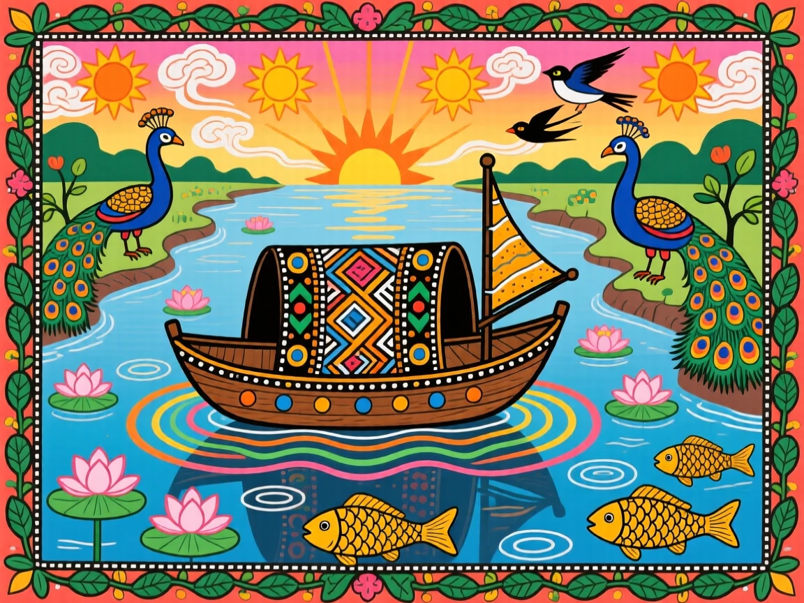 A wooden boat drifting quietly across a still river at dawn.