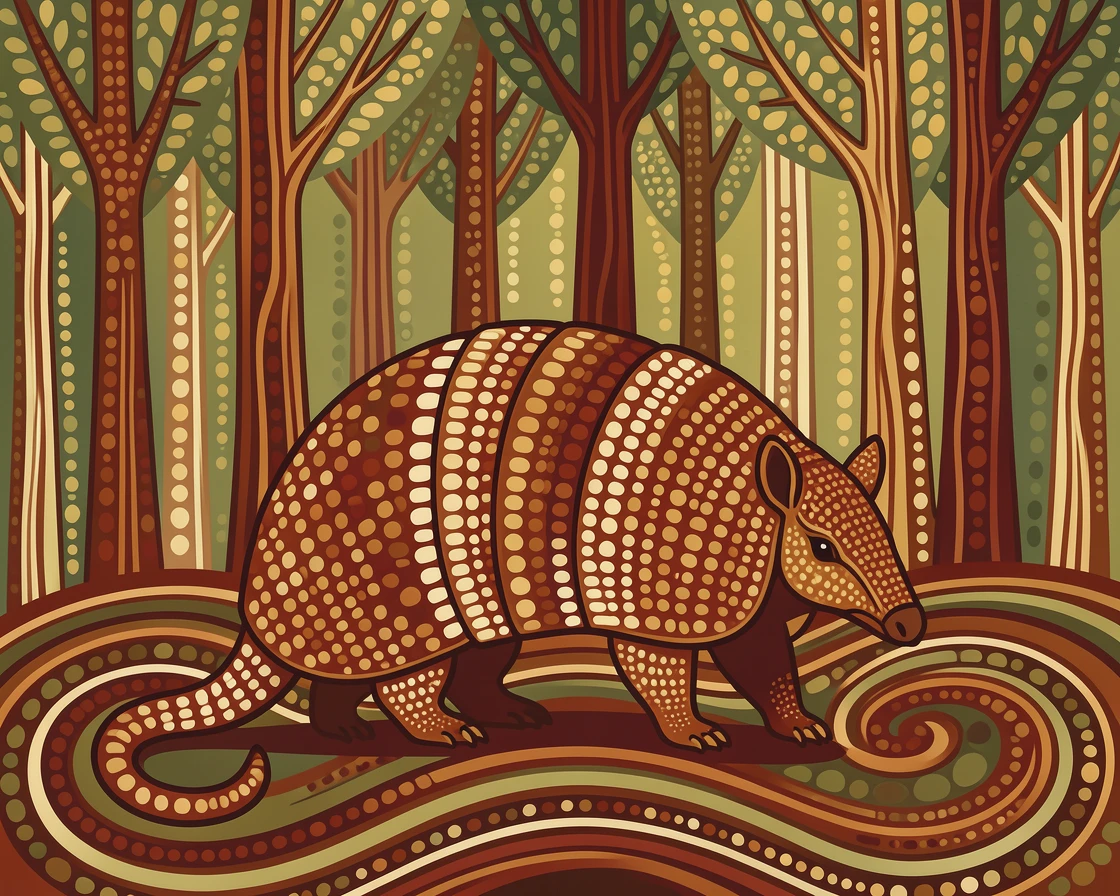 A armadillo pausing at the edge of a forest