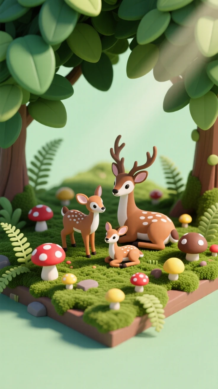 A moss-covered forest floor dotted with mushrooms and ferns, sunbeams piercing the canopy, and a family of deer resting in a small clearing.
