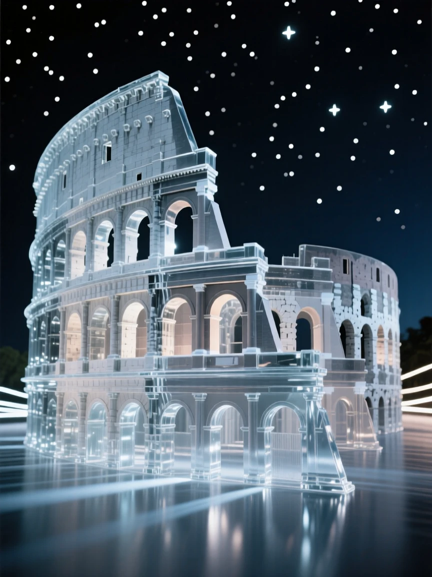 The Colosseum in Rome under a starry night sky, long soft light trails in the distance, composition emphasizing scale and grandeur.