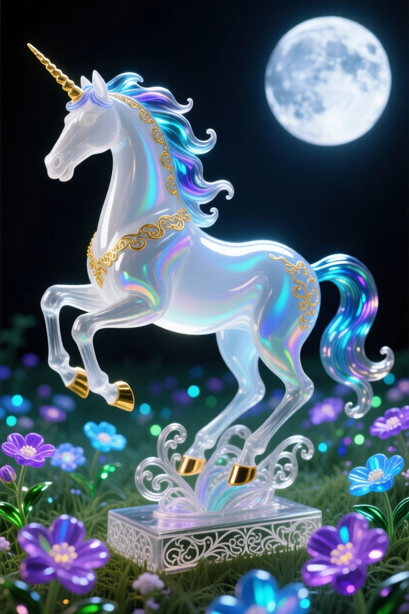 A moonlit unicorn galloping through a field of luminescent flowers, magical and free.