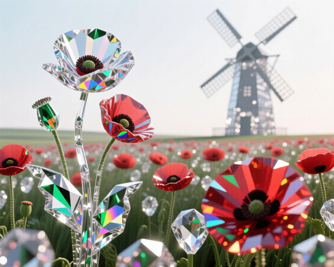 A field of blooming poppies with a distant windmill silhouette on the horizon.