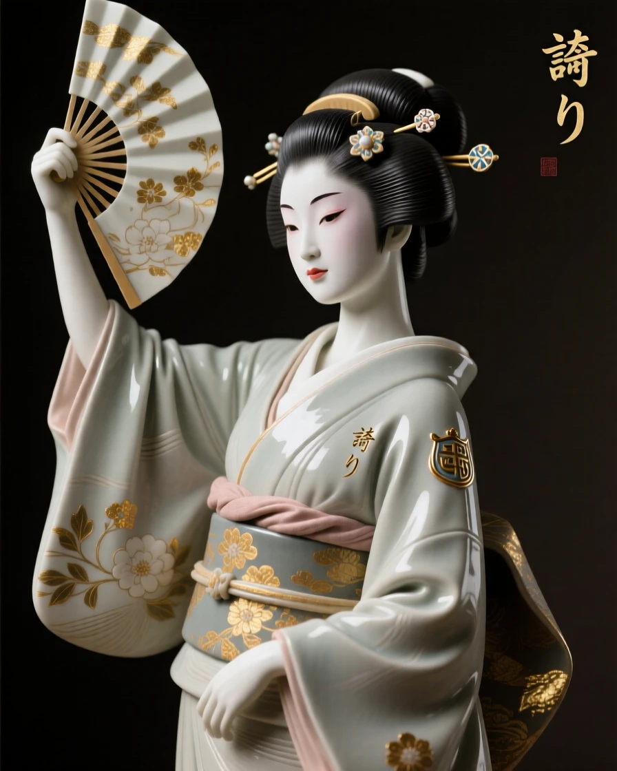 A geisha holding an open fan raising an arm in triumphant gesture, bearing markings of rank and honor, capturing the weight of history in a single gaze.
