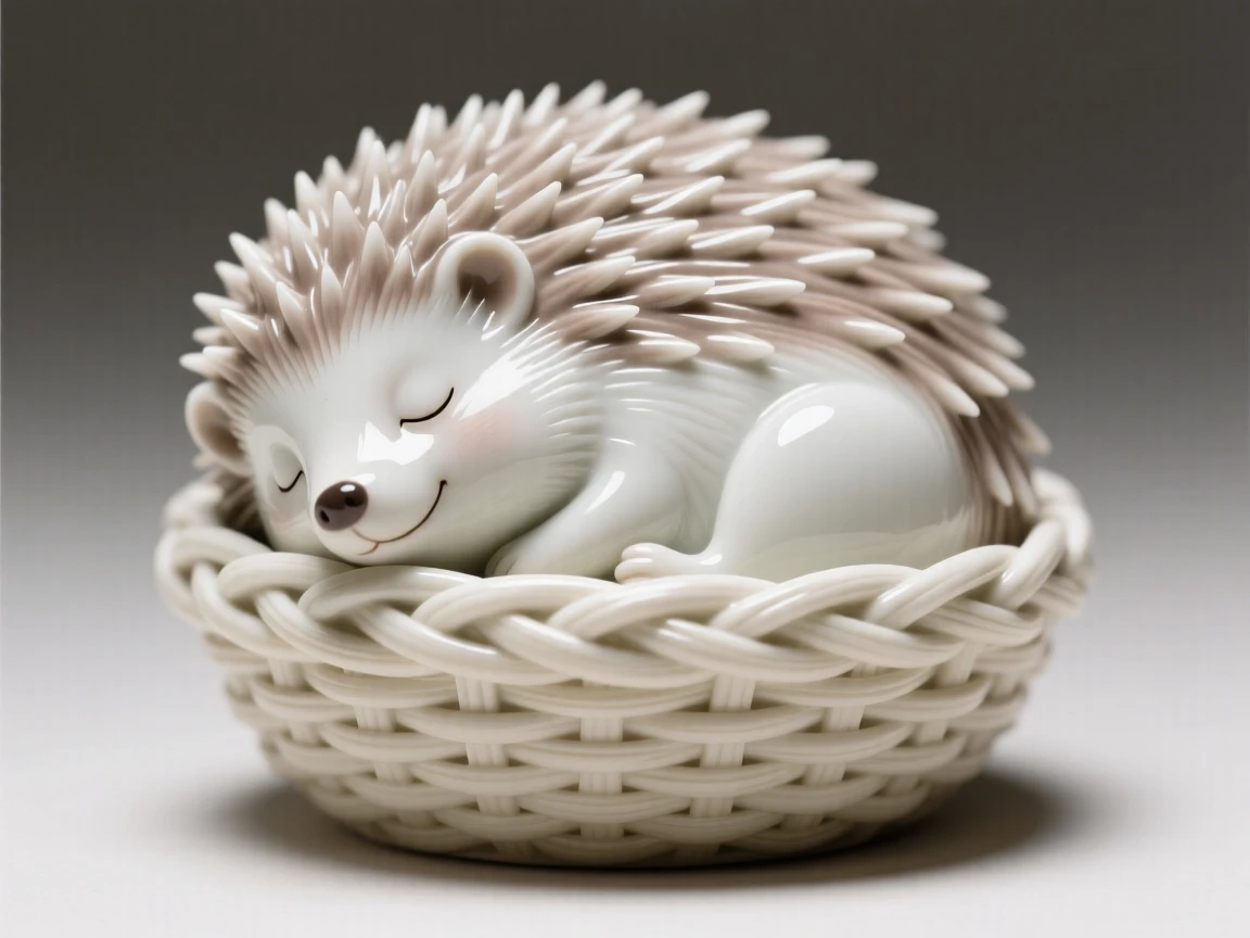 A tiny hedgehog curled up asleep in a woven basket, utterly charming and full of innocent wonder.