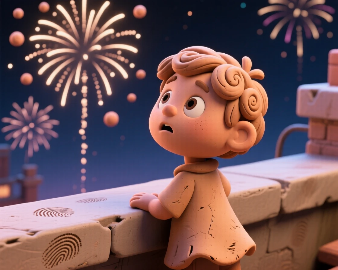 A child watching fireworks from a rooftop, eyes wide with wonder