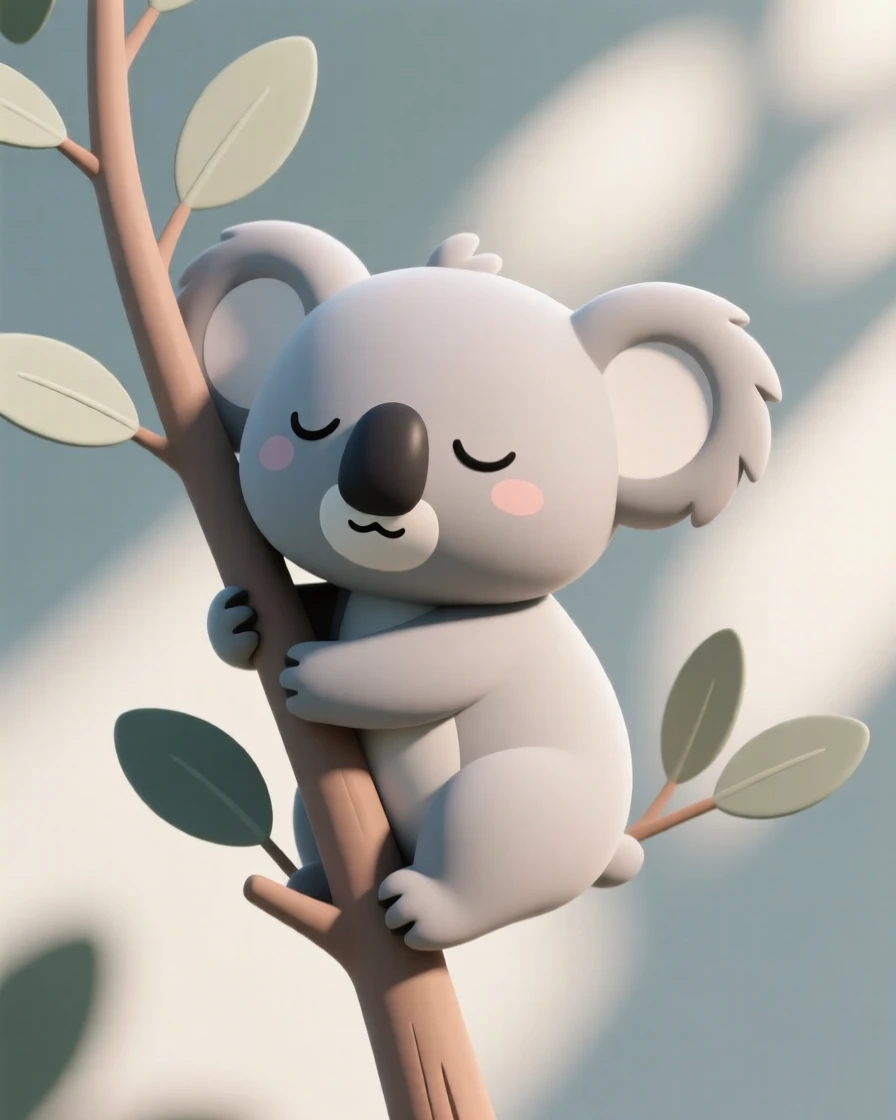 A sleepy koala clings tightly to a eucalyptus branch, round ears twitching as it dozes in dappled sunlight.