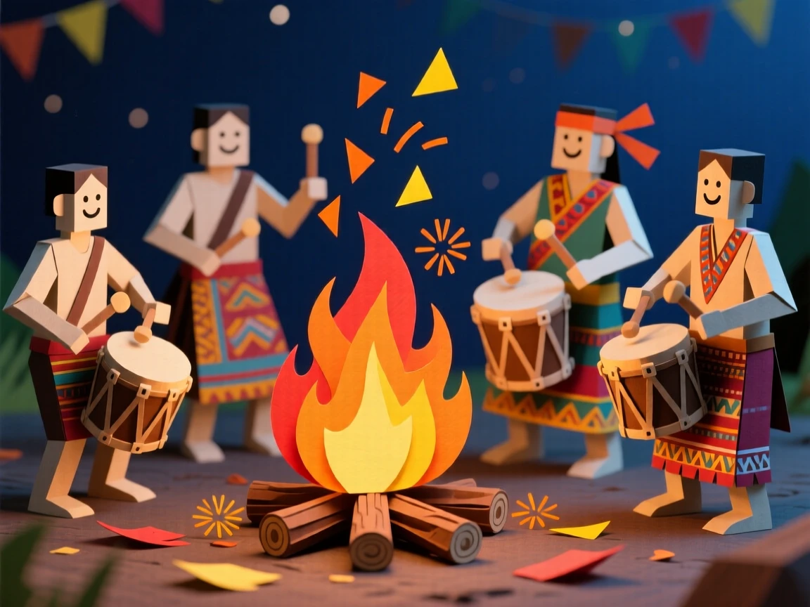 A group of traditional drummers performing energetically around a bonfire during a cultural festival, sparks rising into the night sky, evoking communal celebration.