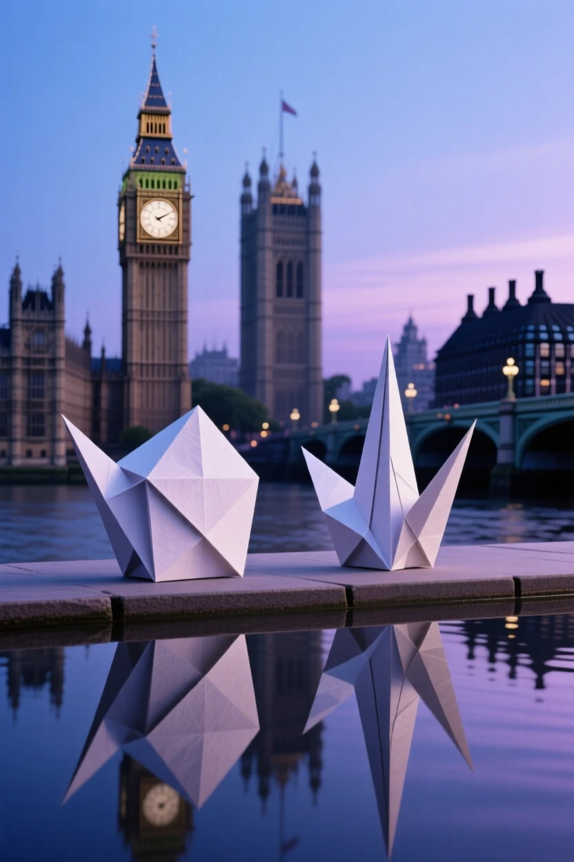 Big Ben and the Houses of Parliament reflected in the Thames at twilight.
