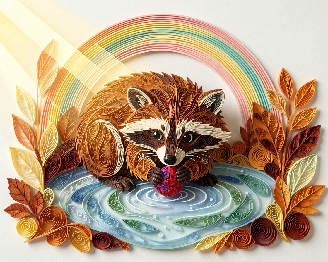 a baby raccoon washing a berry in a stream, under a rainbow after a gentle spring shower, with soft rays of golden light filtering in from one side, in cozy autumn tones of amber and rust.