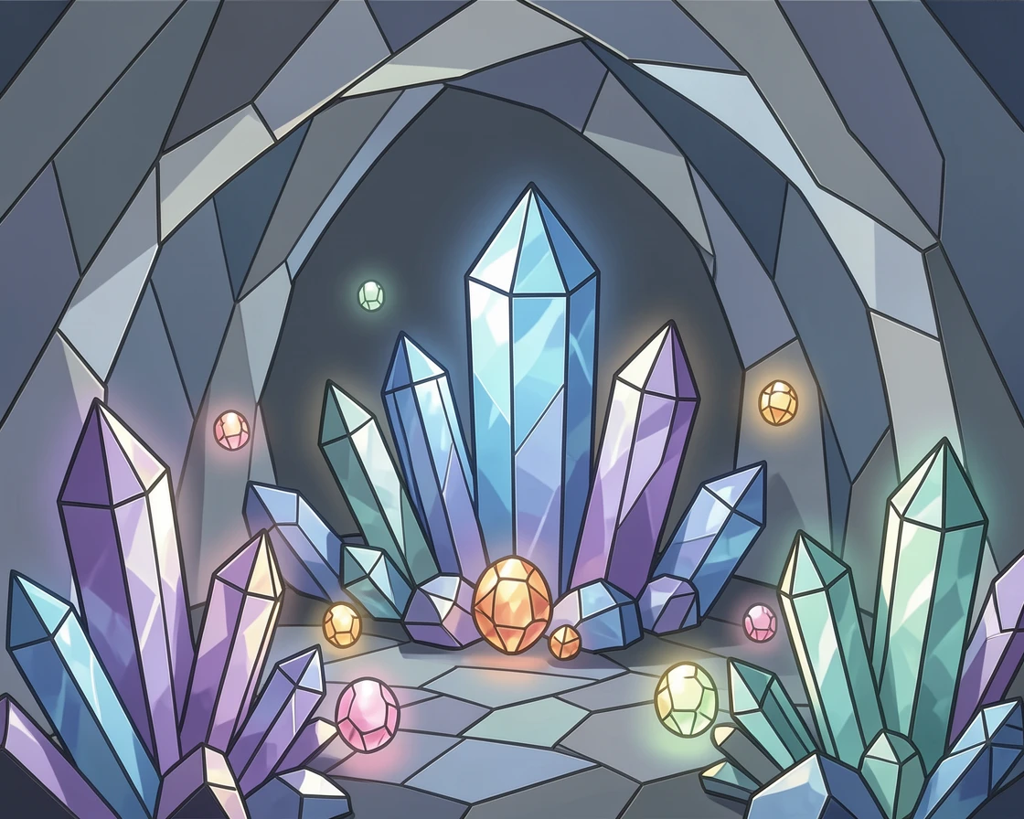 A crystal cave illuminated by softly glowing magical gems.