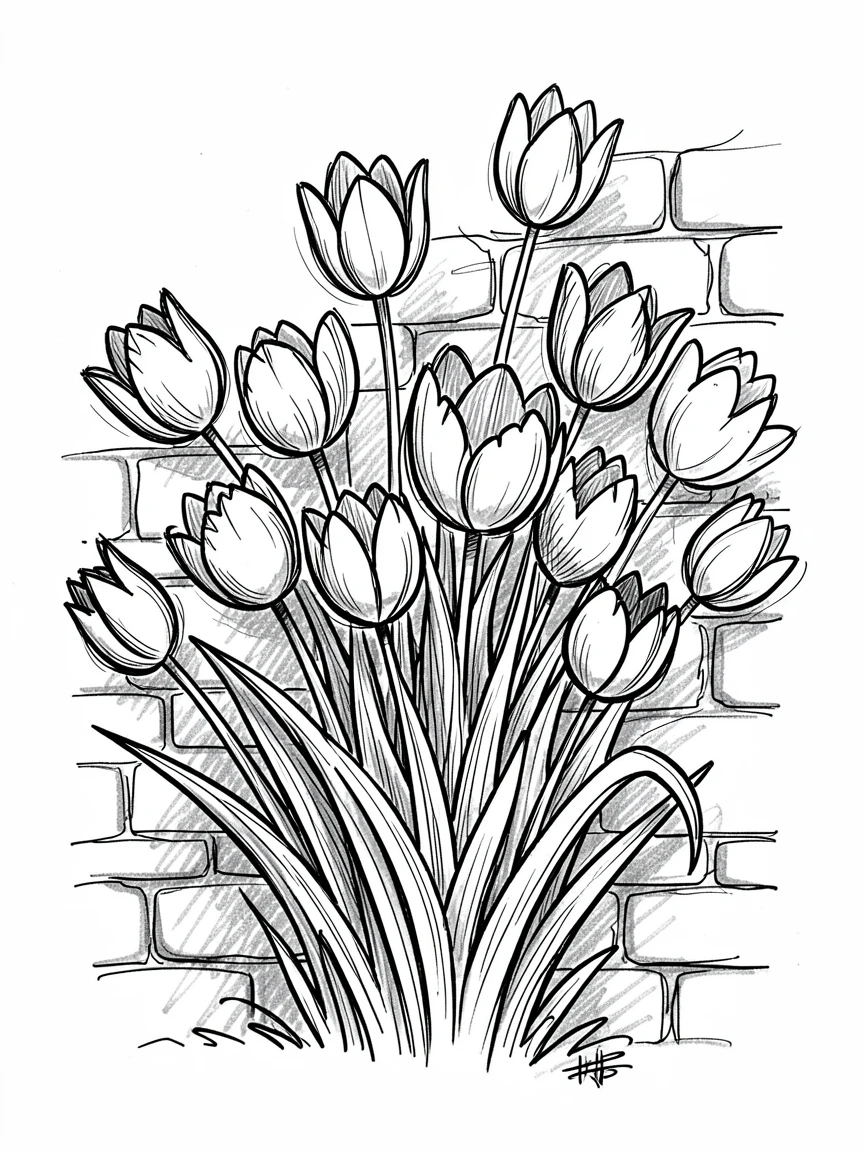 A bouquet of wild tulips along a stone garden wall.