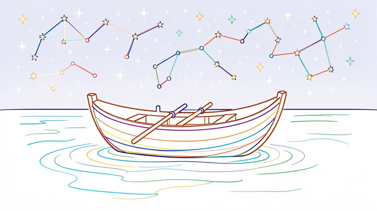 A enchanted rowboat drifting across a starlit lake beneath a sky full of constellations.