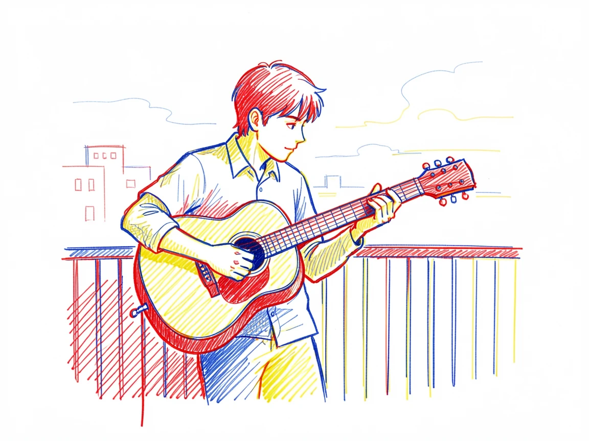 A young man playing acoustic guitar on his apartment balcony at dusk