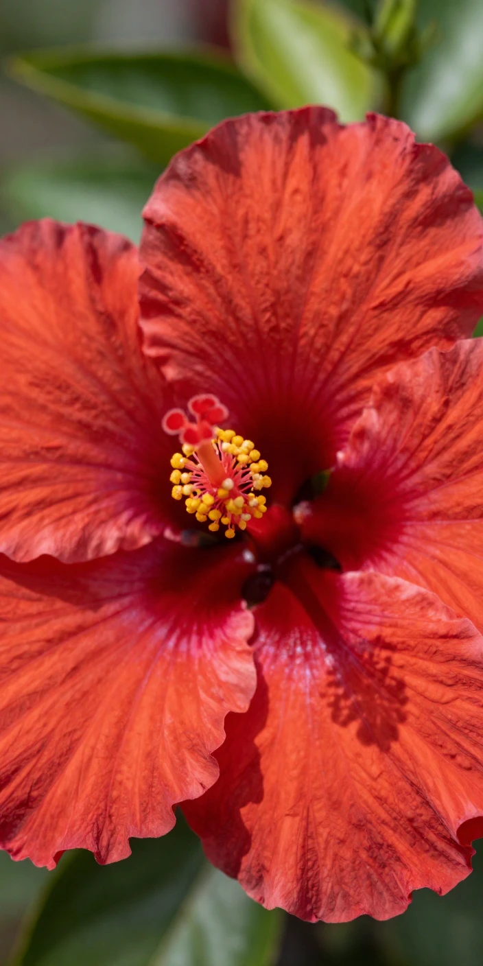 A tropical hibiscus flower in vivid red bloom
