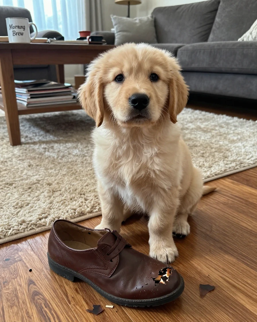 A dog 'apologizes' with puppy eyes after being caught chewing a shoe.