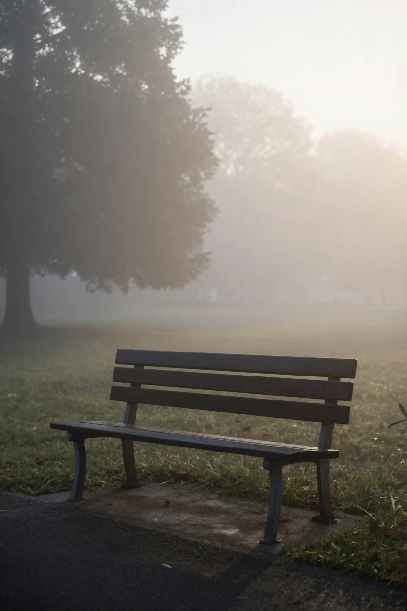A single park bench, wrapped in a thick blanket of morning fog, quiet and still