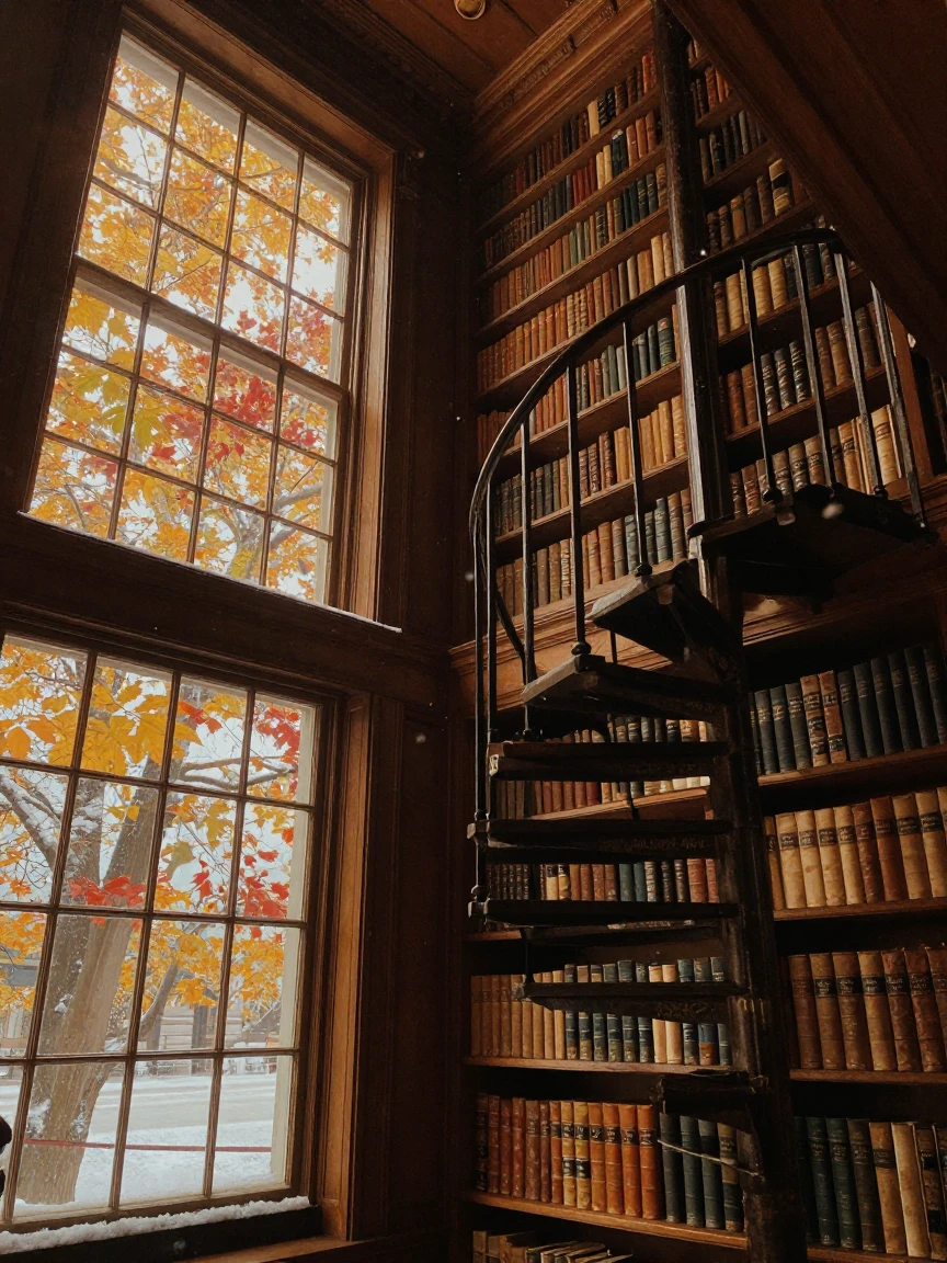 A grand old library with towering shelves and a spiral staircase, under soft golden-hour light, amid gently falling snow, as autumn leaves turn gold and red, with muted olive and rust colors, captured from a low angle looking up.