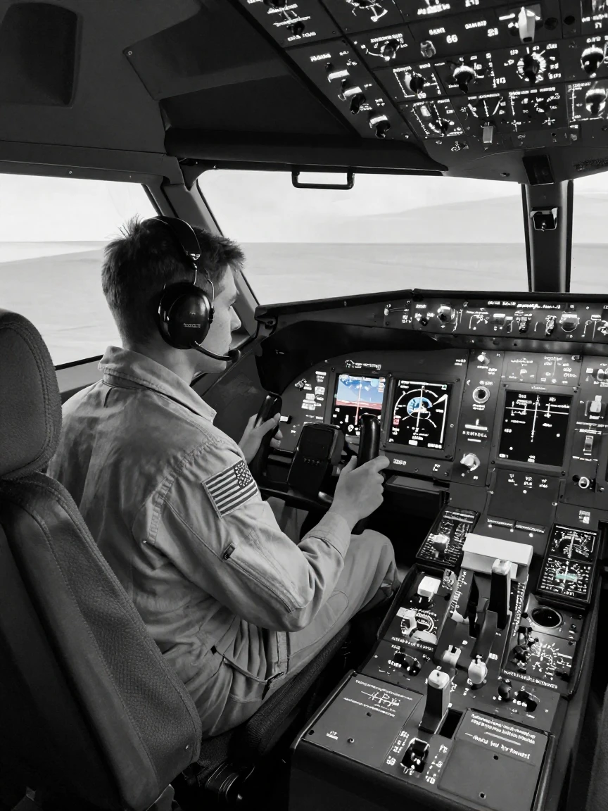 A pilot in training practices in a flight simulator in a realistic cockpit simulator.
