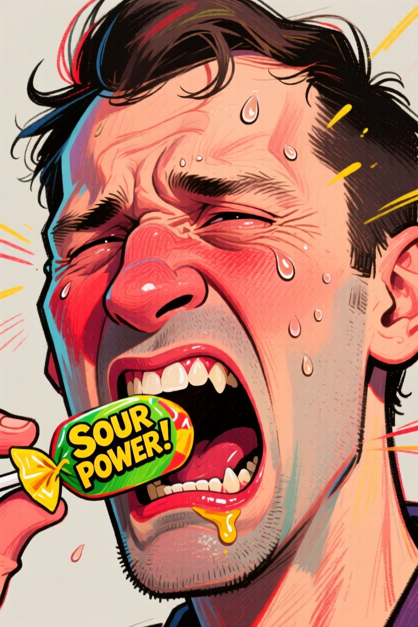 A man wincing as he bites into an impossibly sour candy.