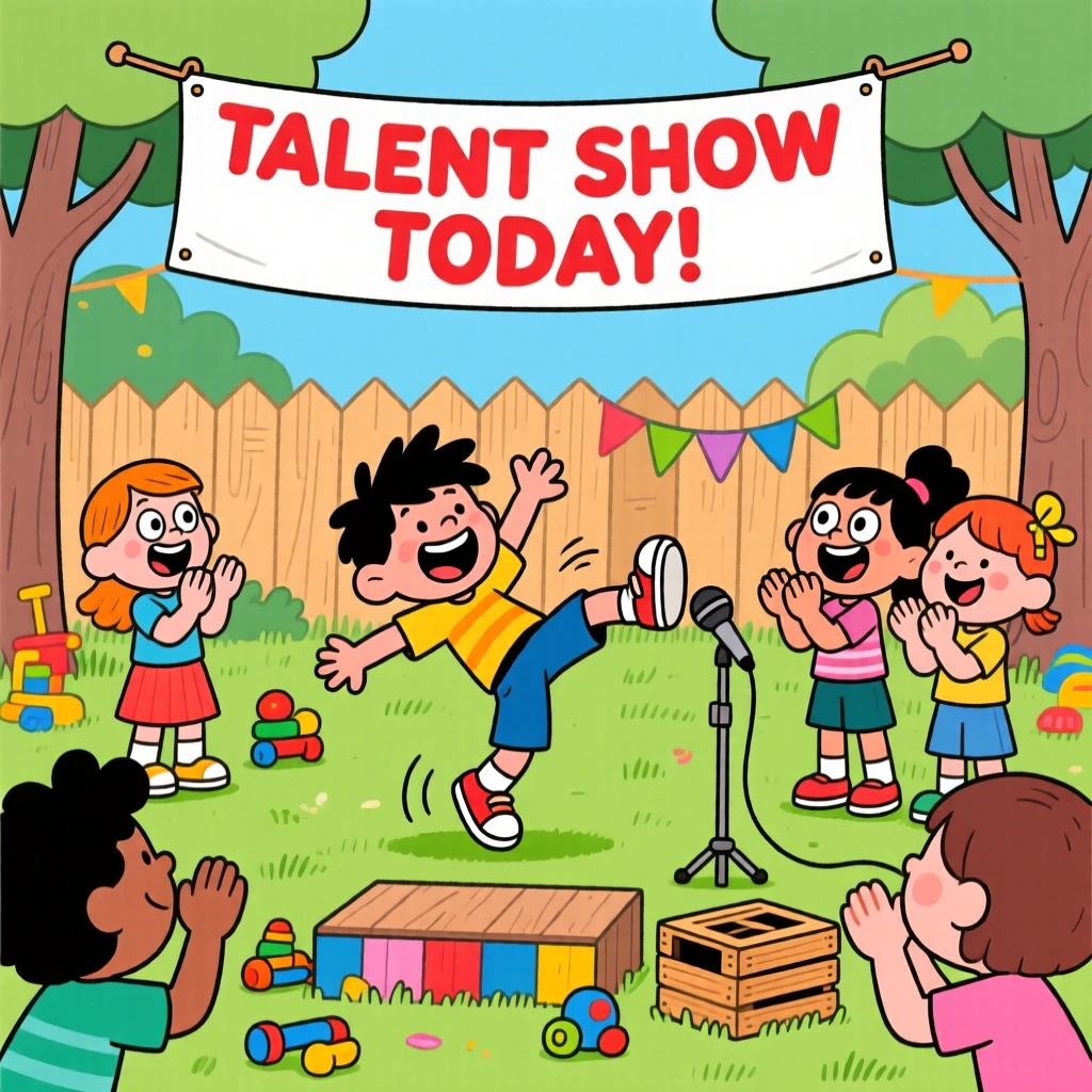 A playful childhood moment of a group of kids doing a talent show in the backyard, one mid-cartwheel.