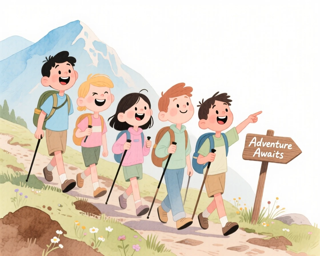 A group of friends on a road trip hiking together up a scenic mountain trail