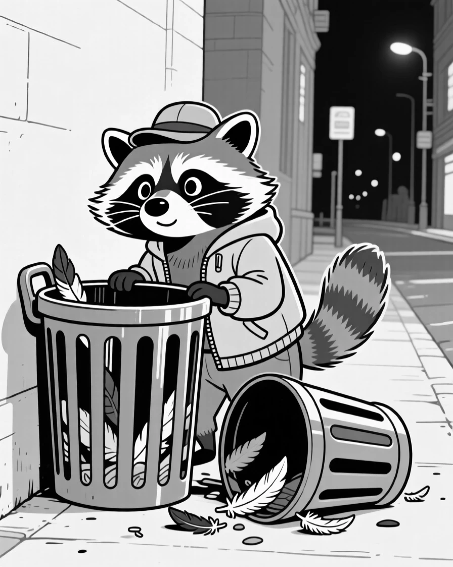 A curious raccoon peeking out of a trash can, modeling its outfit with obvious pride, set beside an overturned trash can at night. Feathers scatter from an overenthusiastic flap. It's an irresistibly charming slice of animal personality.