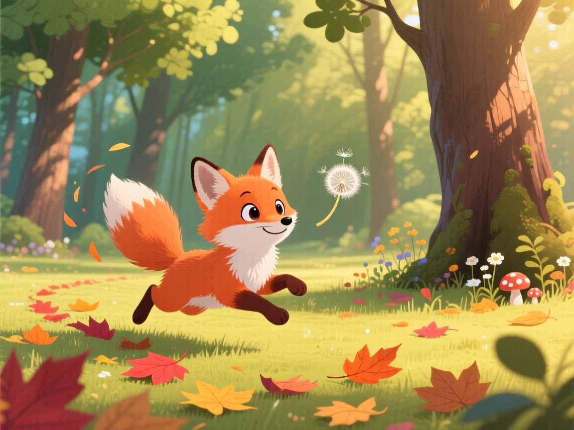 A fluffy fox cub is chasing a floating dandelion seed in a quiet forest clearing, with a trail of fallen leaves swirling around.