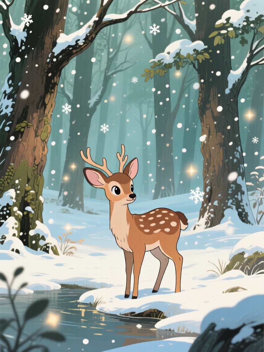 A deer pausing at the edge of a quiet forest clearing, as gentle snow drifts down around it, radiating pure charm.