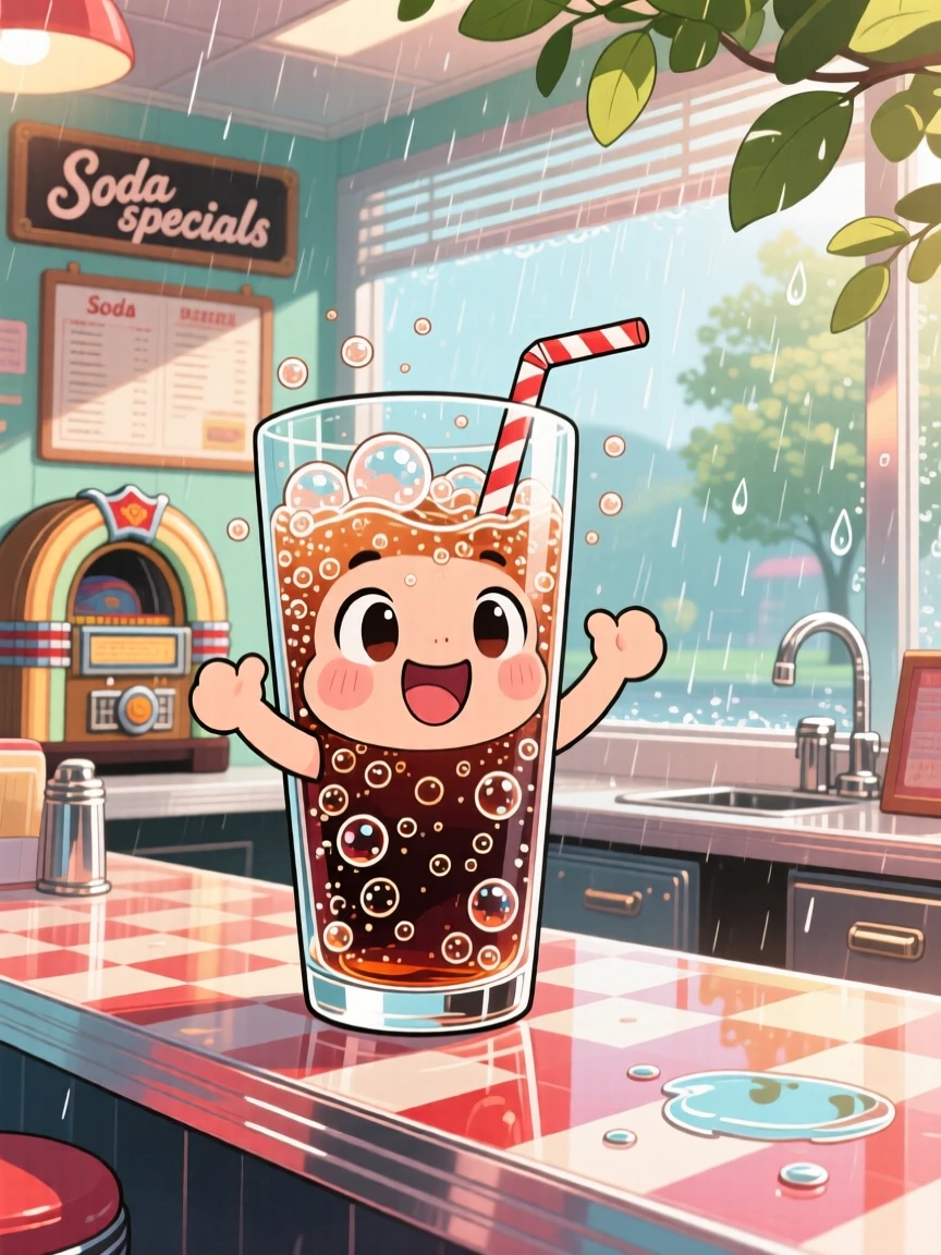 Waist-up portrait: a bubbly soda-pop character, fizzing with excitement in a tall glass, set against a retro diner counter during a gentle spring rain shower, with dappled sunlight through a canopy and a mood of bubbly enthusiasm.