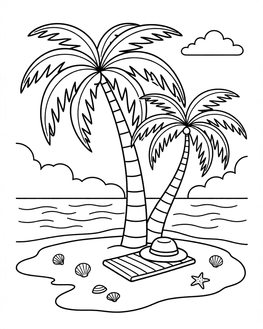 A tropical beach with palm trees swaying over white sand