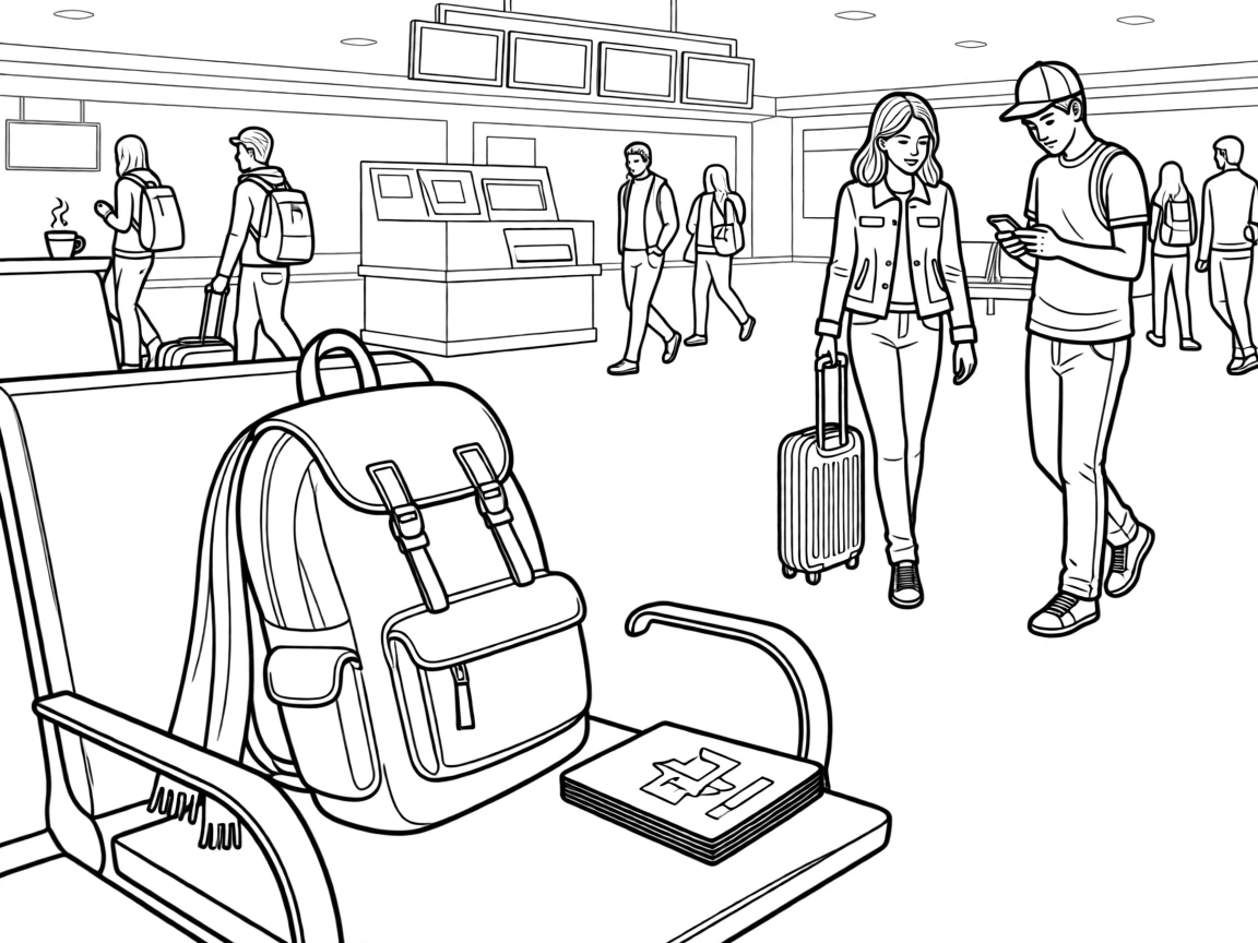 A backpack and passport resting on an airport bench, with locals and travelers strolling nearby.