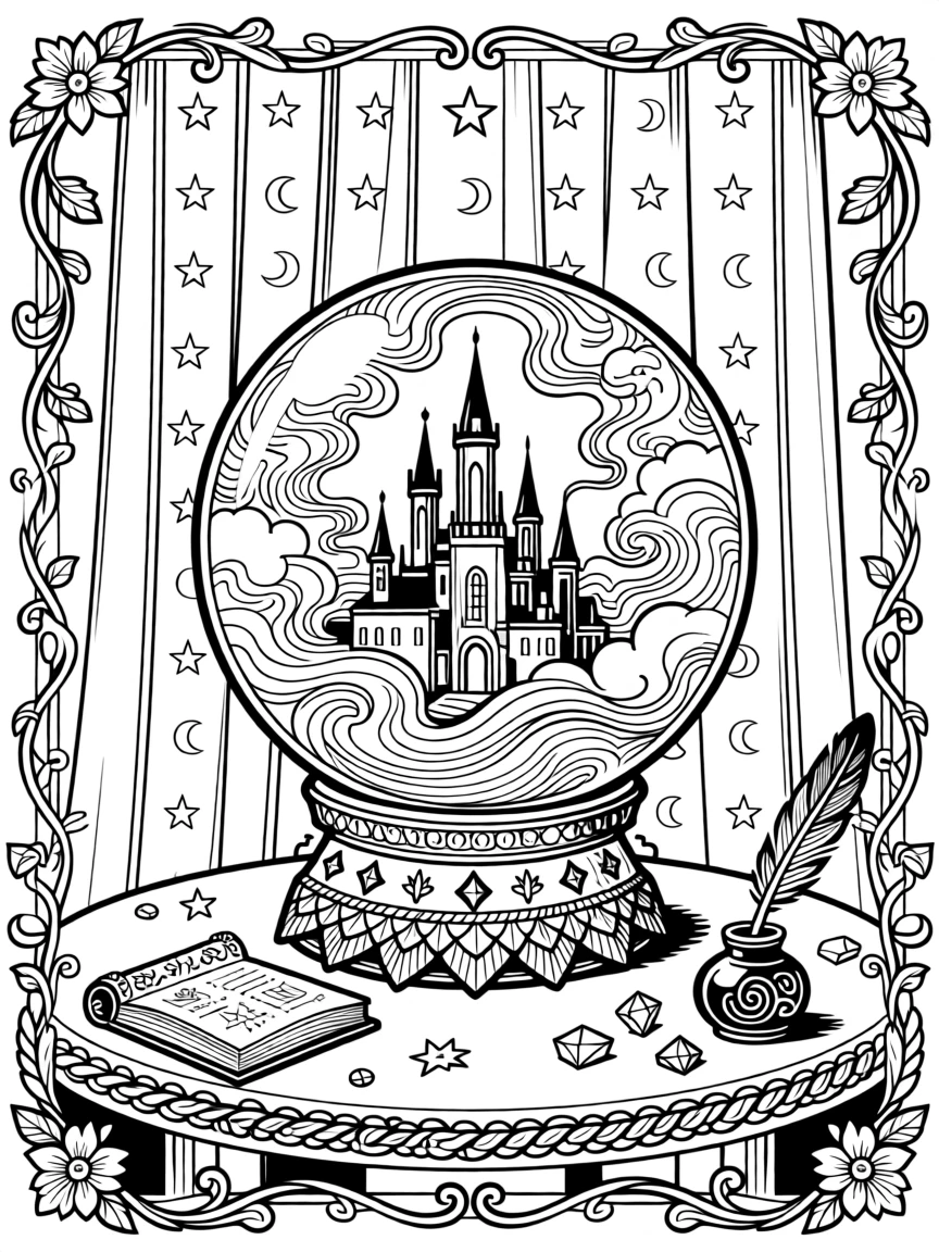 A crystal ball reflecting a swirling vision of a distant castle.