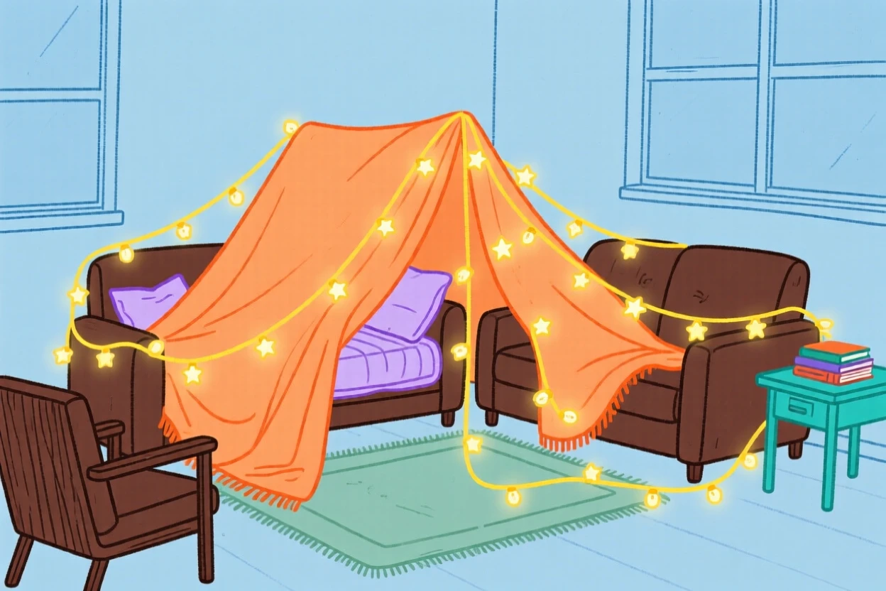 A cozy blanket fort built in a living room with fairy lights.