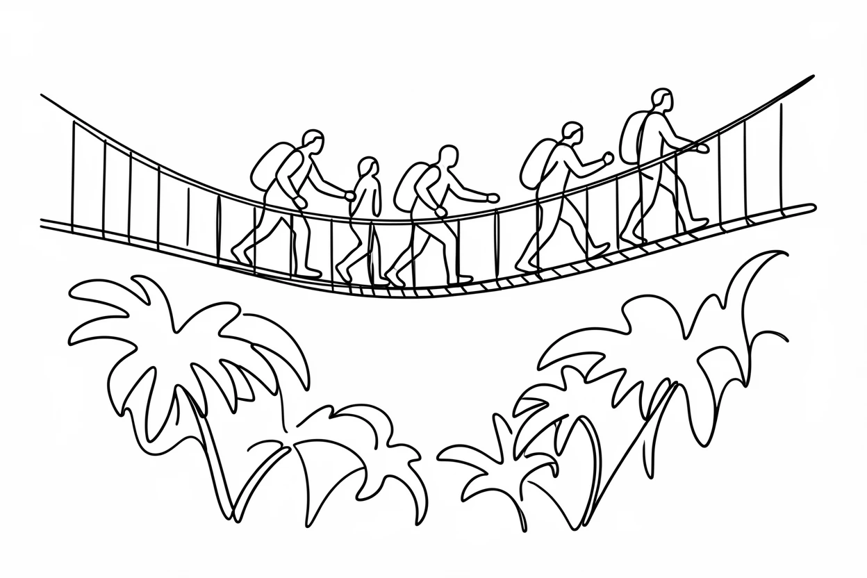 A group of trekkers crossing a swaying bridge above a jungle canopy