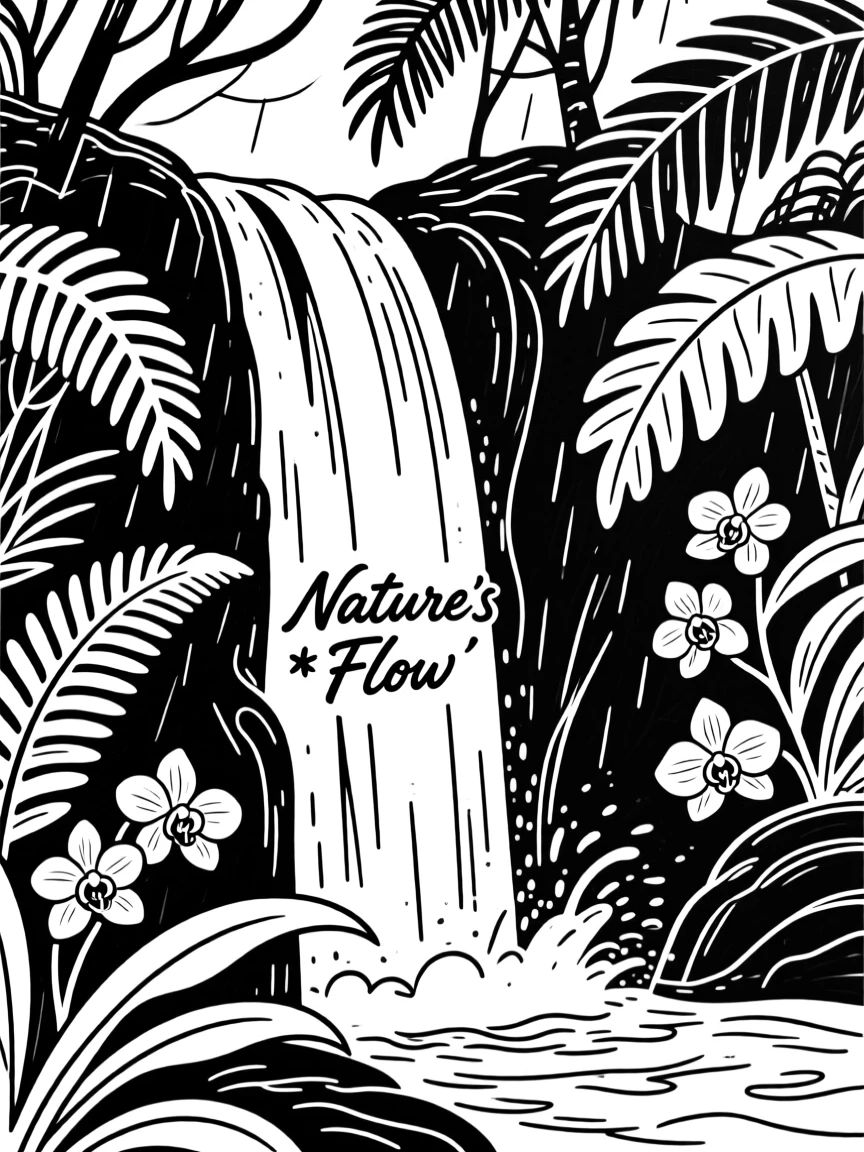 A tropical rainforest waterfall surrounded by exotic ferns and orchids.
