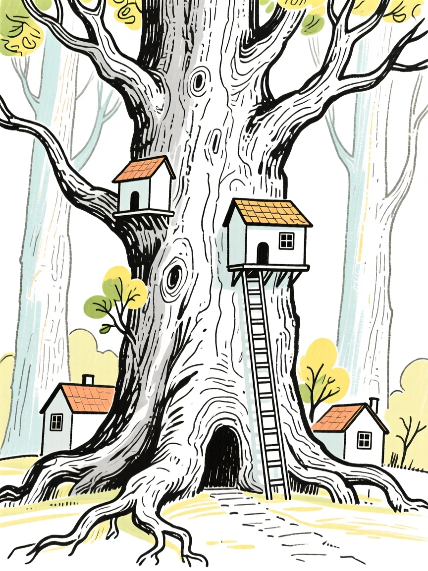 A hidden village built into the trunks of enormous ancient trees.
